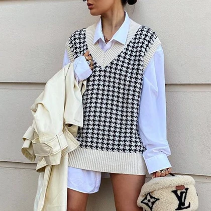 

Celandine Black Houndstooth V Neck Vest Cardigan Women Loose Sleeveless Knitted Sweater Fashion Casual Jumper Autumn Winter 2020