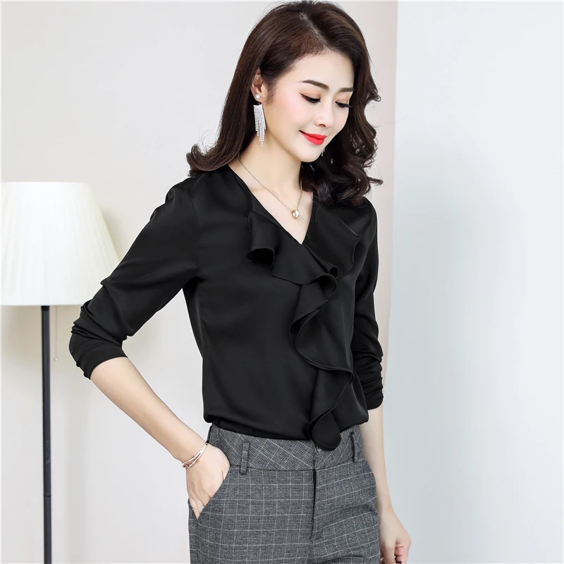 Spring Autumn Real Silk Blouse White Black Womens Tops and Blouses Shirt Long Sleeve Shirts Clothes LWL1570