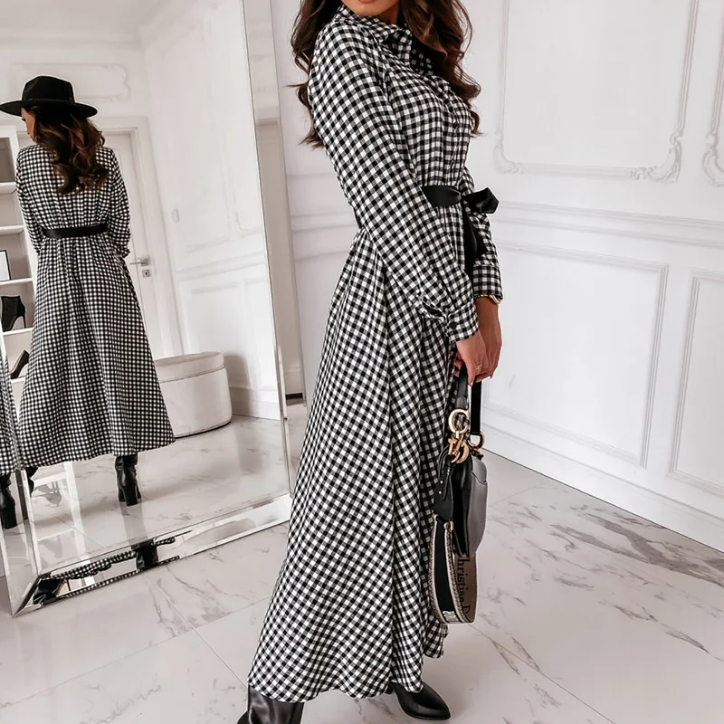 

Women Elegant Turn-Down Collar Party Long Dress Autumn Winter Vintage Plaid Button Dresses Lady Casual Elastic Waist Dress Mujer