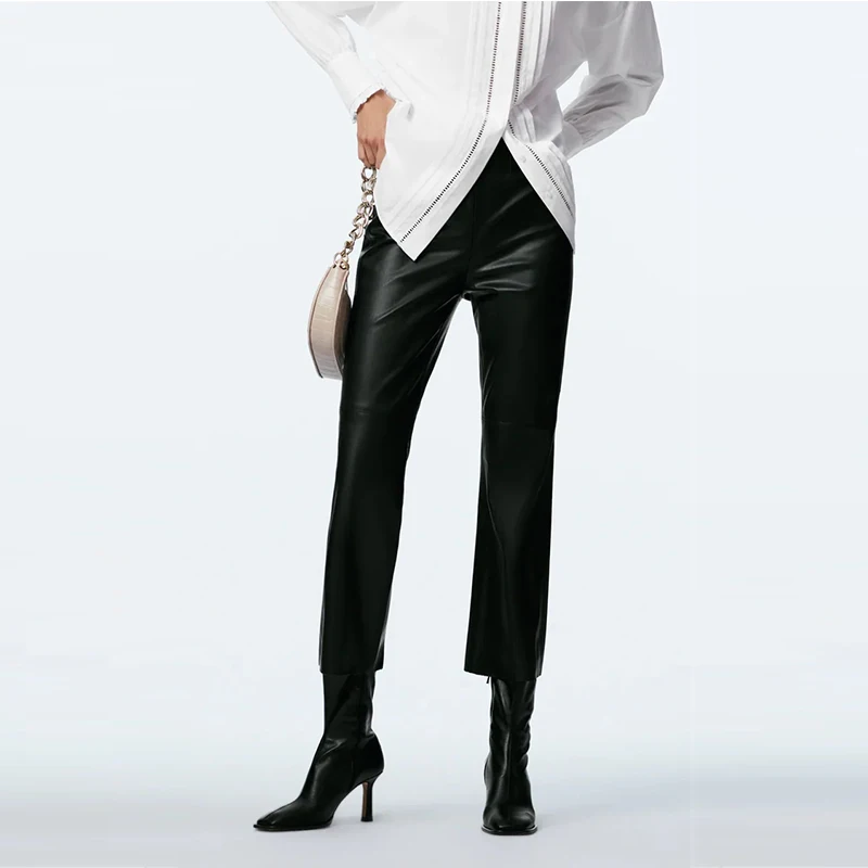 

KUMSVAG Women Autumn Casual Slim PU Flare Pants 2021 ZA High waist Ankle-Length Pants Female Fashion Trousers Clothing LY9629