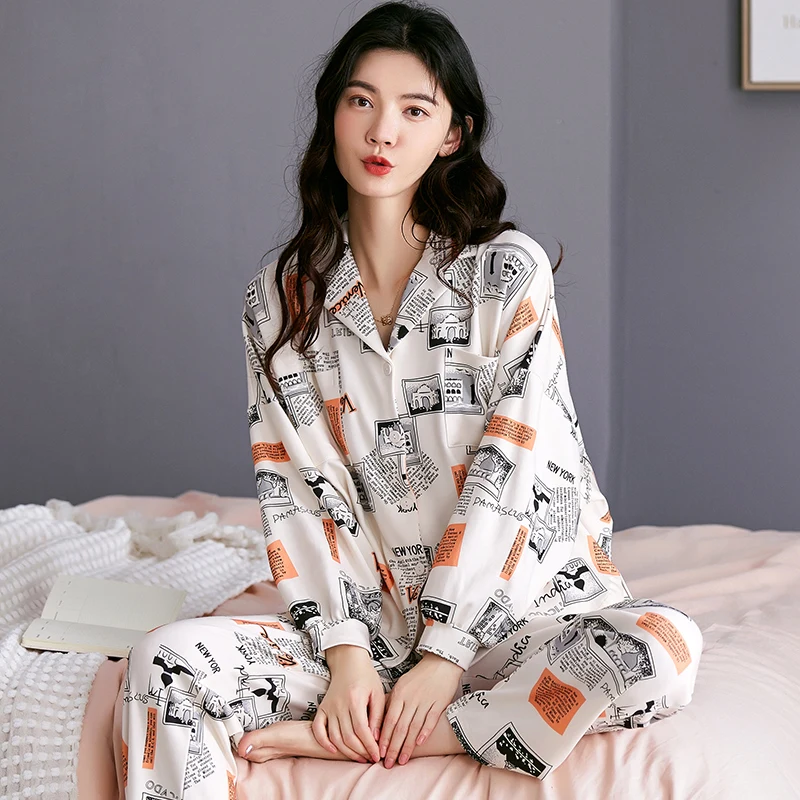 

BZEL Green Simple Pajamas Set Women's Cotton Sleepwear Long Sleeves Long Pants Home Suit Loose Pyjama Soft Comfortable Nightwear