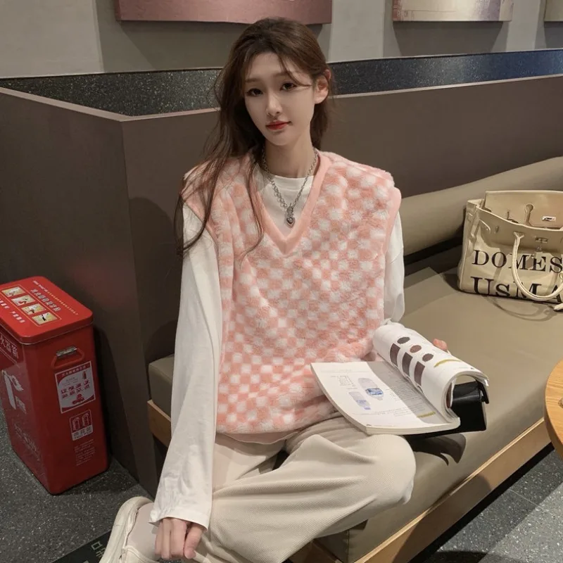 

Sannian Autumn Women Sweet College Style Checkerboard V-neck Pullover Vest Sweater Women Clothe Thick Stacking Knit Sweater Top