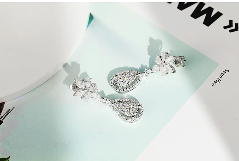 AULEEZE Роскошные 14 К белого золота Груша Cut DF цвет Moissanite цветок Форма висячие серьги с акцентами для женщин юбилейные подарки
