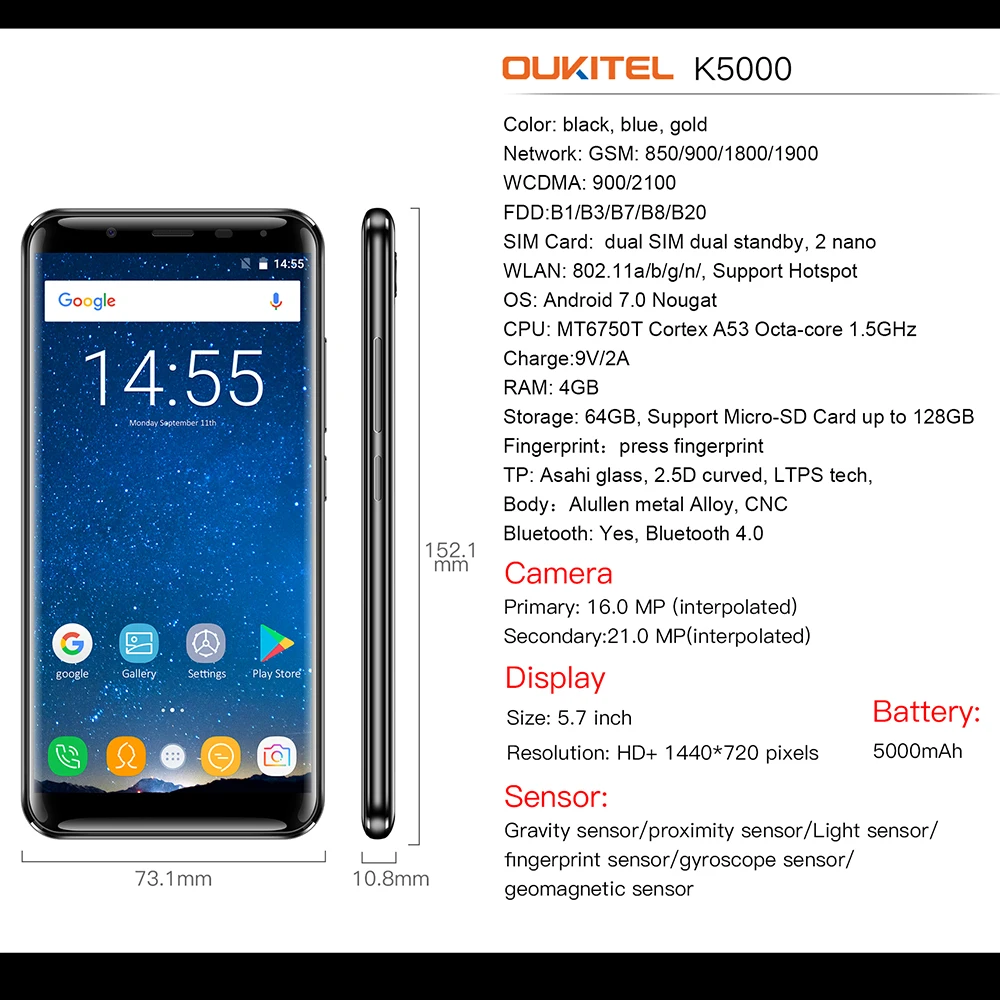 Oukitel K5000 5000 мАч смартфон 4 Гб 64 Гб MTK6750 Восьмиядерный 21MP+ 16MP 5," HD 18:9 4G-LTE отпечаток пальца мобильный телефон