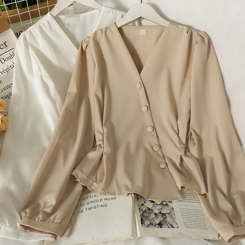 

Elegant V-Neck Blouse Long Sleeve White Shirt Office Ladies Top Casual Solid Single-Breasted Puff Sleeve Womens Blouses