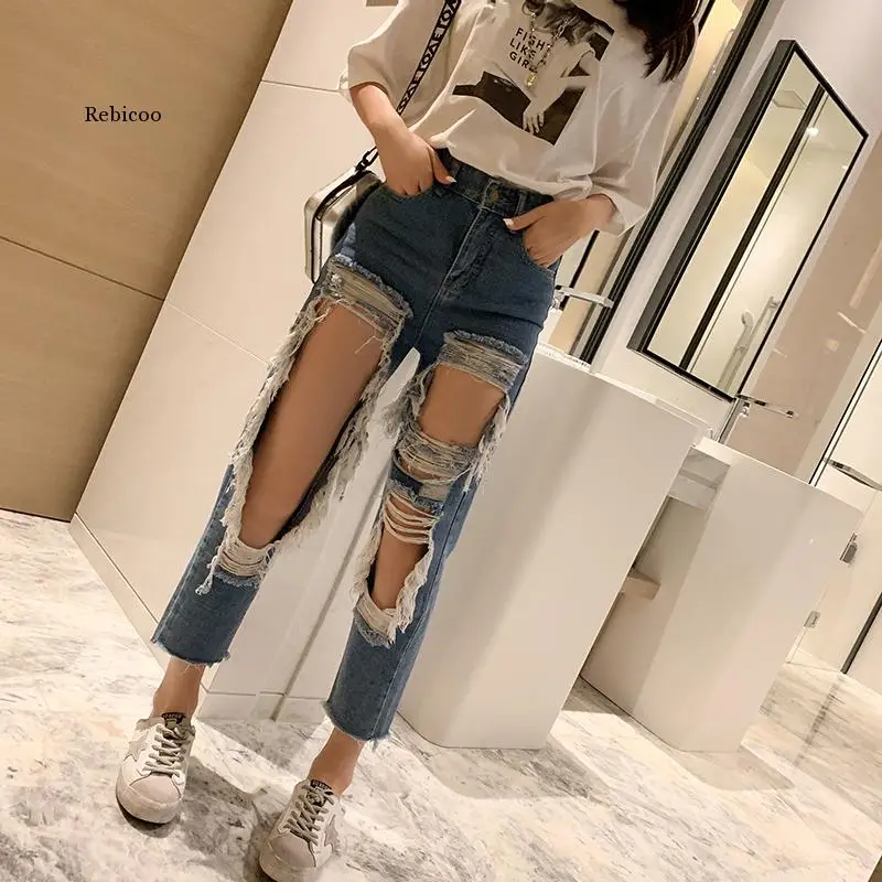 

Plus size 5XL Solid Fashion Jeans for Women Ripped Hole Casual High Waisted Pencil Jeans Korean Pants Female Fashion New