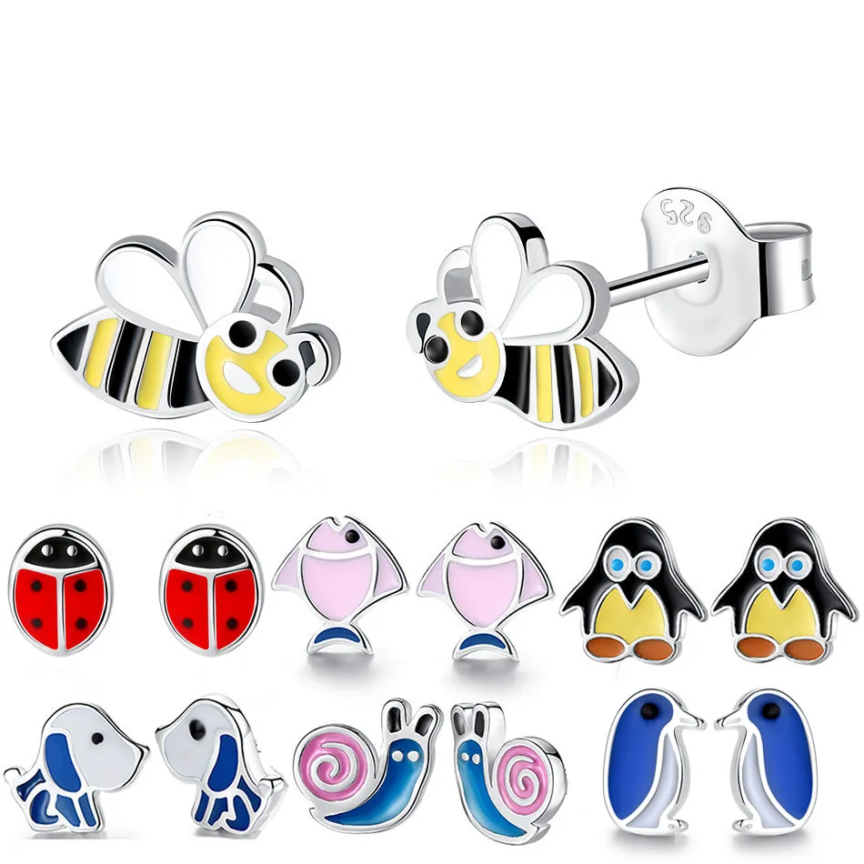 Детские серьги гвоздики из 100% серебра 925 пробы с эмалью медовая пчела пингвин