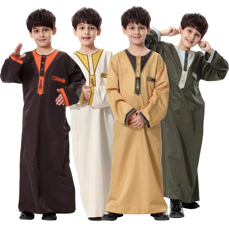 Teenagers Islamic Clothing Boy Middle East Saudi Arabia Abaya Children Jubba Muslim Robe Round Collar Ramadan Costumes Kaftan