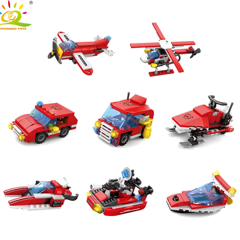 

349pcs 8in1 Building Blocks Fire Rescue Helicopter City Fighting Firemen Boat Trucks Bricks