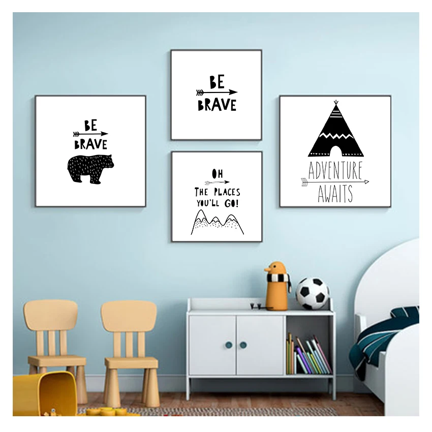 

Художественная Картина на холсте скандинавские плакаты и принты черная белая Настенная картина для детской комнаты декор палатка медведь ...