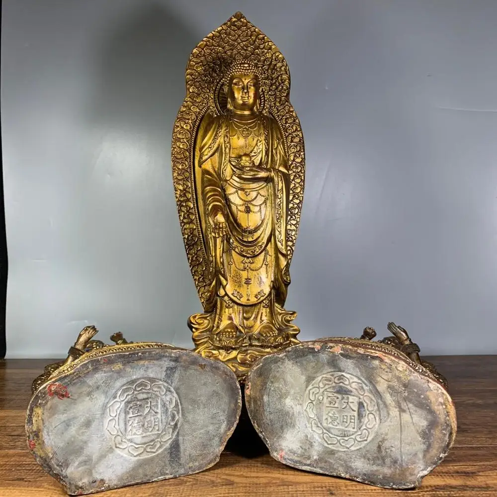 

15" Tibet Buddhism Temple bronze Gilt Western Three Holy Buddha Statues Sakyamuni statue Avalokitesvara Buddha Statue Amitabha