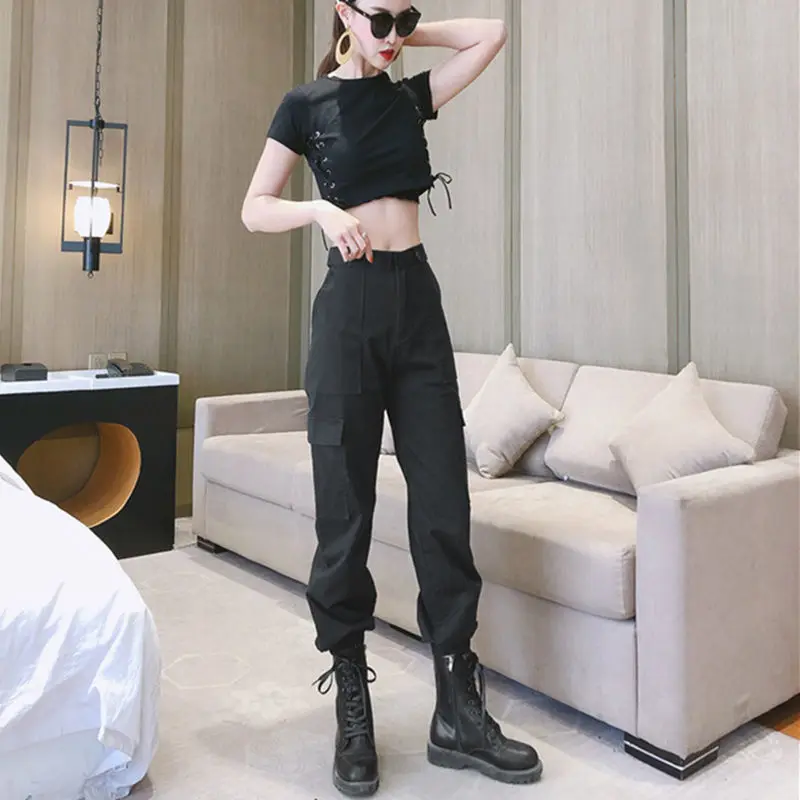

Cargo Pants Women Fashion 2021 Pockets Patchwork Hippie Trousers Fake Zipper Woven High Waist Streetwear Pants sweatpants women