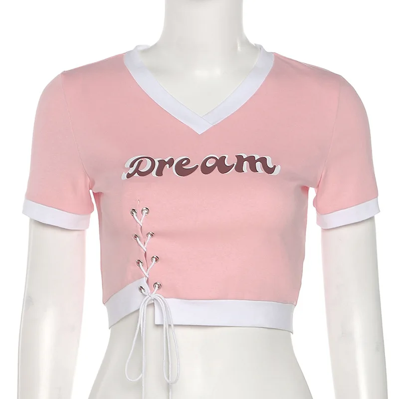 

Fashstreet Lovely Street Slim Short Sleeve Tshirt Women V Neck Letter Printed Drawstring Crop Top Summer Chic Casual Navel Tops