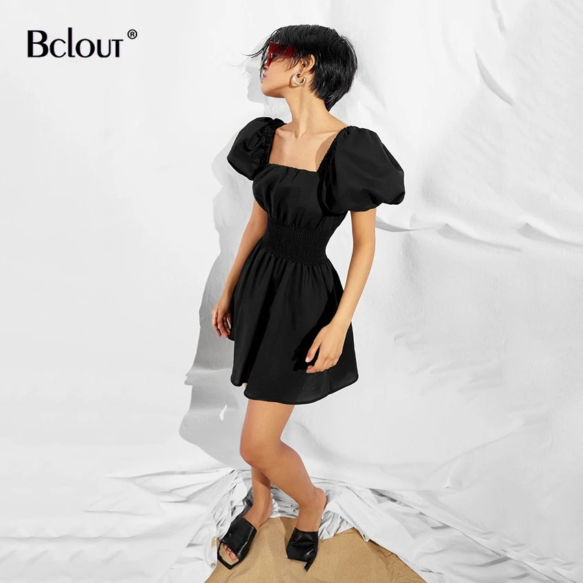 

Bclout Linen Square Collar Backless Pleated Dress Women Summer Puff Sleeve A Line Mini Wrap Sundress Lady Casual High Waist Robe