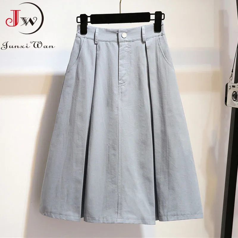 

Women Cotton Skirt Spring Summer Solid White Black Casual Elegant Office Pocket Elastic High Waist A-Line Midi Skirts Faldas