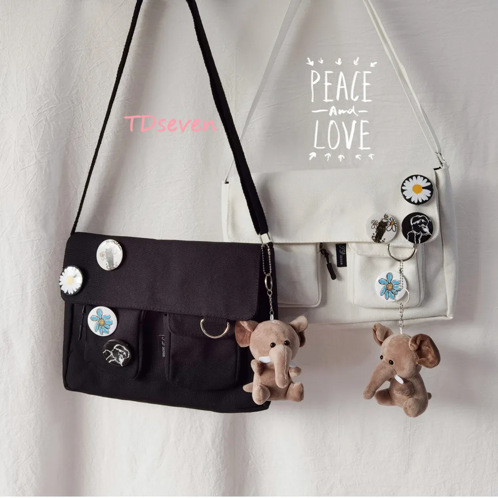 

Women Canvas Bag Cartoon Plush Pendant Youth Shoulder Messenger Bag Female Student One Shoulder Large Capacity Solid Color Bag