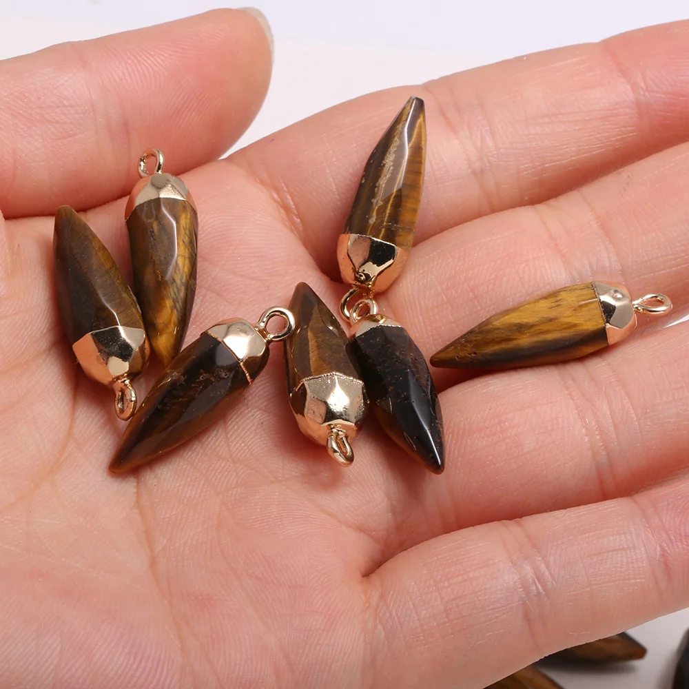 

2Pcs Natural Stone Pendants Cone Shape Gold plated Tiger eye Crystal Charms for Jewelry Making DIY Necklace Earring