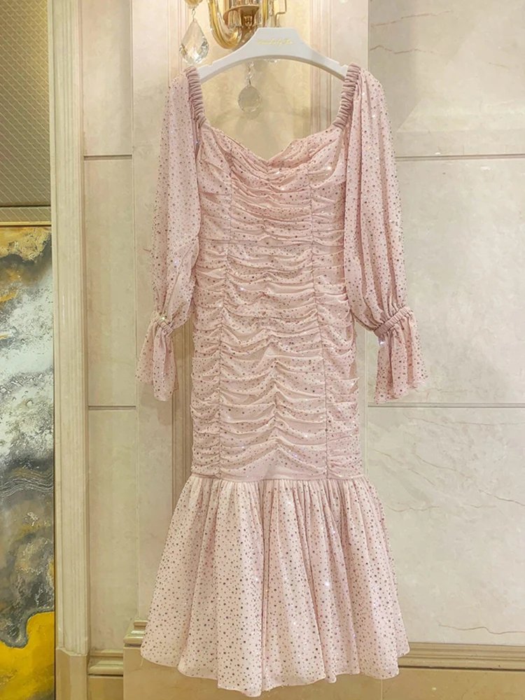 Женское плиссированное платье с квадратным вырезом весна-лето стразы бесплатная