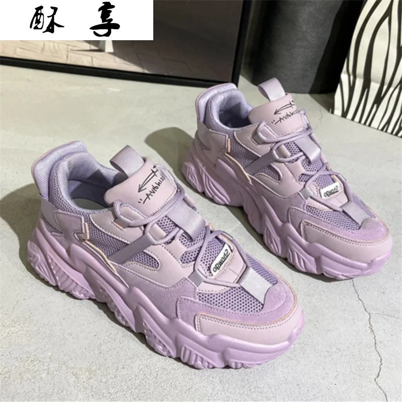 

2021 Spring Women Chunky Sneakers Fashion Solid Color Platform Shoes Lace Up Breathable Mesh Vulcanize Shoes Women Casual Shoes