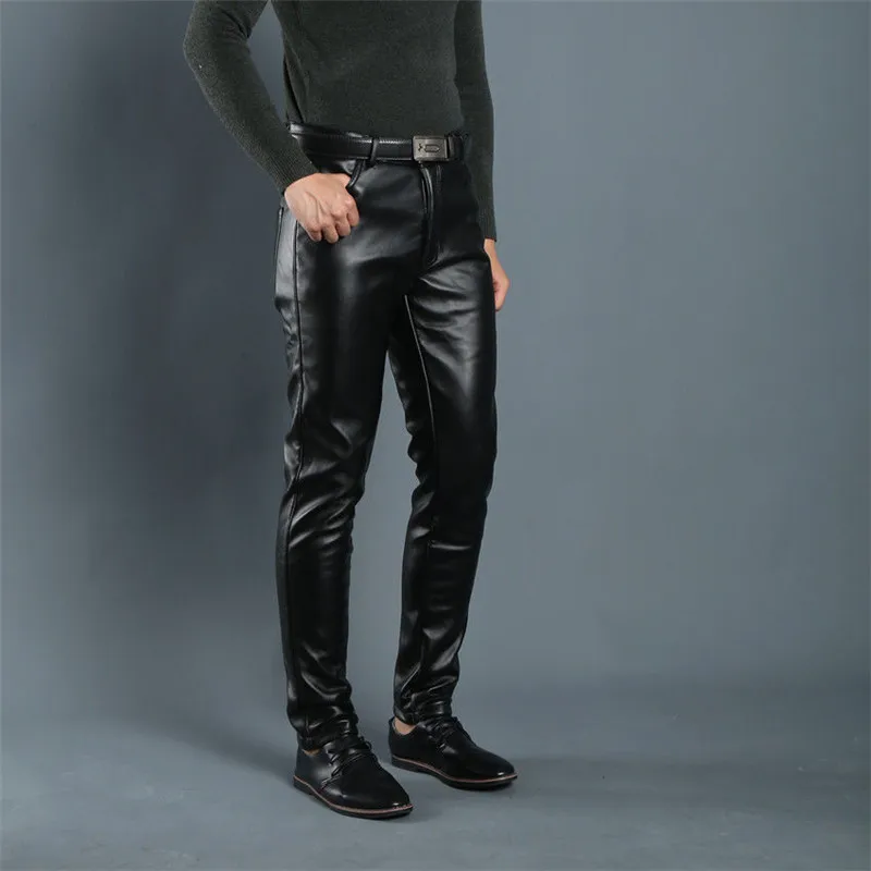 

Spring Summer Men Leather Pants Elastic High Waist Lightweight Casual PU Leather Trousers Thin Causal Trousers