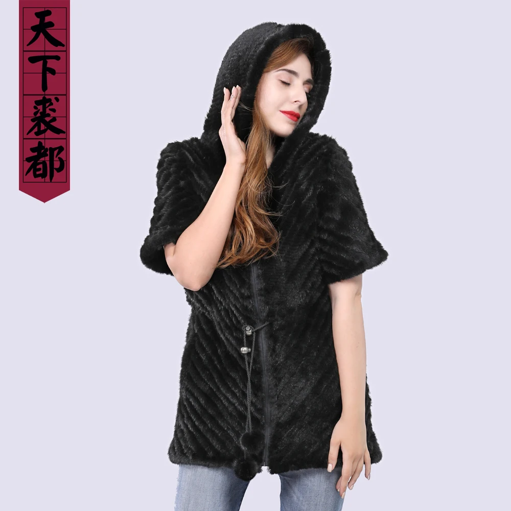 Шуба из натурального меха норки с коротким рукавом капюшоном и ремнем | Женская