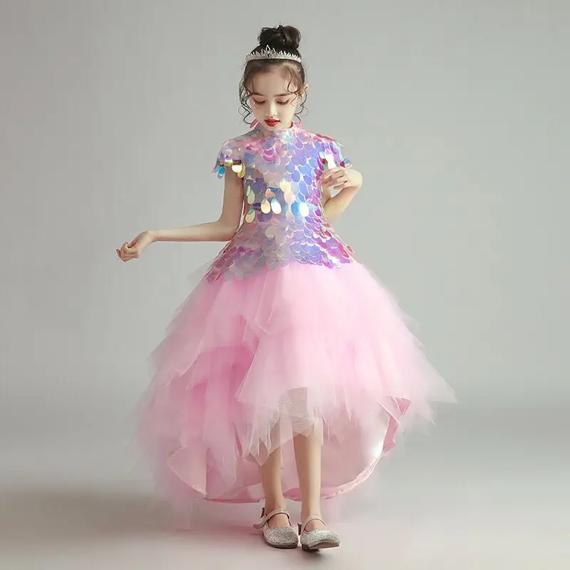 

Flower Girl Dresses Illusion Elegant High Sequined Short Princess Knee-Length Tulle Lace Luxury Pink Lovely Kids Party Gown H395