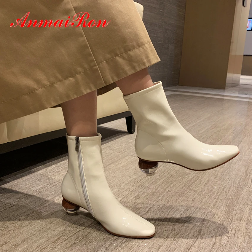 

Женские ботинки с коротким плюшем ANMAIRON, однотонные ботинки из натуральной кожи с квадратным носком, женские ботинки с круглым каблуком, бот...