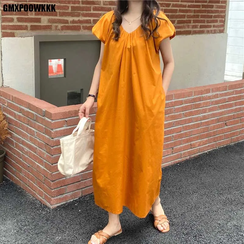 

Women Loose Casual Summer Dresses Fashion New Korean One-Piece Puff Sleeve V-Neck Dresses 2021 For Ladies Elegant Midi Dress