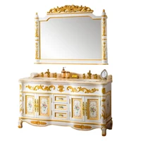 55in.double sink golden vanities european style classic bathroom cabinets with chic long silver mirror and legs