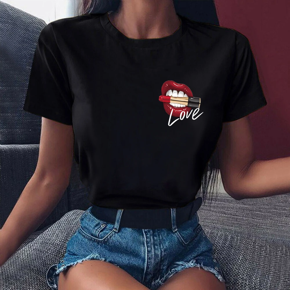 ZOGANKIN Red Lips and Lipsticks Fashion Cute Printed Black Tops Women Love Tshirt Female Tee Shirt Ladies Clothes