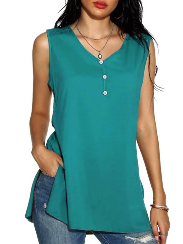 

2021 Summer Women's Clothing Solid Color V-neck Lace Sleeveless Vest
