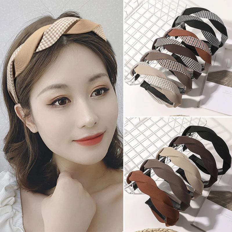 

Ladies Hair Accessories Coffee Color Cross Headband Twisted Headband with Teeth Toothed Hair Hoop Check Hair Hoop Elegant