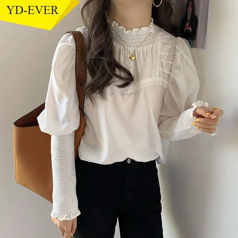 Woherb милые рубашки со стоячим воротником кружевными оборками Лоскутная Свободная