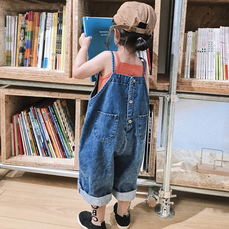 

Summer Children Kids Overalls Toddler Girls Blue Trousers Casual Pants Girl Solid Loose Buttons Long Overalls New Style