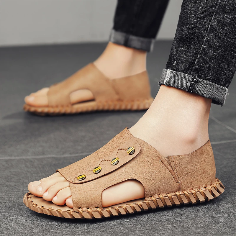 

Men 's Sandals 2021 Outdoor Summer New Breathable Roman Shoe Sandals Beach Shoes Hand-sewn Soft-soled Korean Sandali Size 38 -44