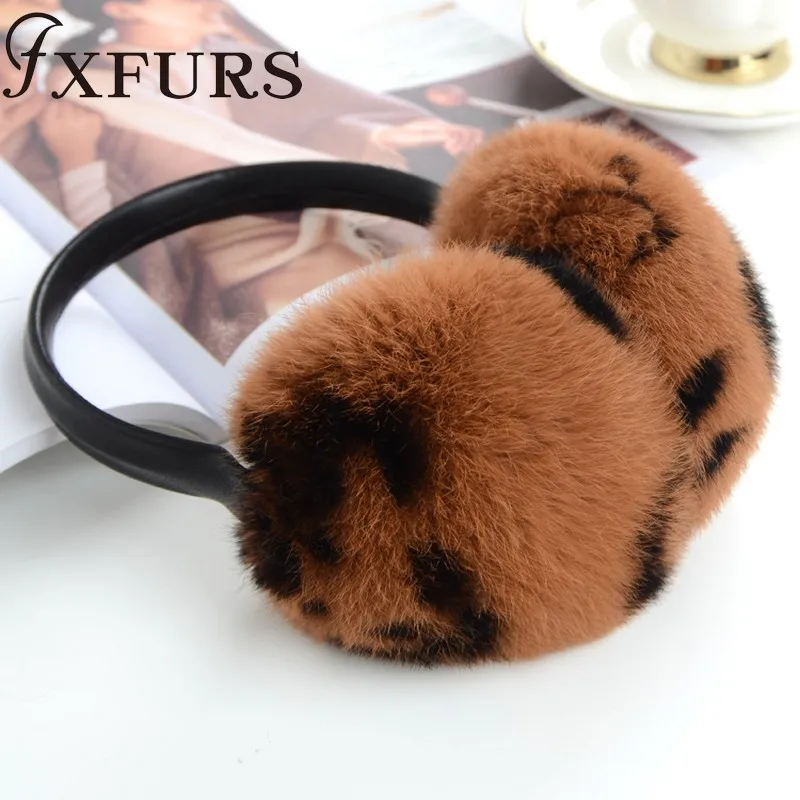 FXFURS/ женские модные меховые наушники с кроликом Рекс, с кожаной полкой, зимние теплые меховые наушники для девочек, меховые наушники