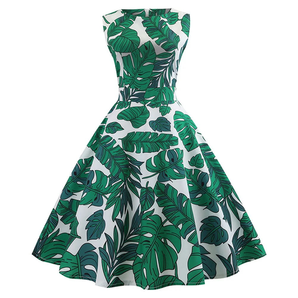 Летнее винтажное платье без рукавов с принтом тропических листьев зеленое в