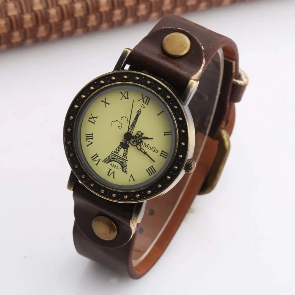 

2020 WOMAGE Fashion Women Watches Vintage Cow Leather Quartz Watches Paris Eiffel Tower Watch Designer Watch Women Cute Watches
