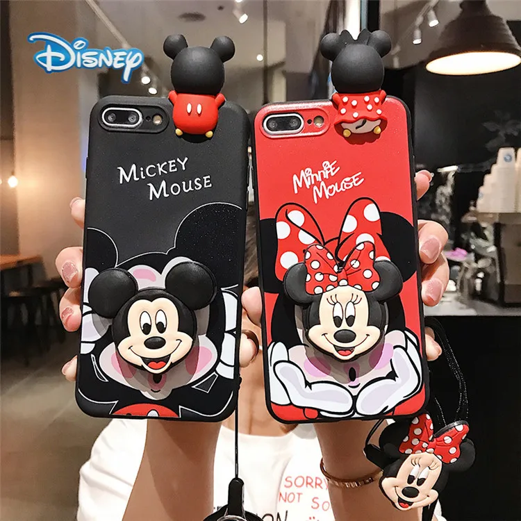 

Disney Mickey Minnie 3D Cartoon Mobile Phone Case with Holder Lanyard for iPhone 13 12 11 Pro Max Mini XR XS Plus Cute Covers