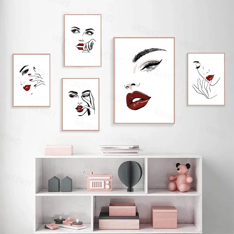 

Nordic Fashion Makeup Poster Prints Moderm Sexy Beauty Woman Quotes Wall Art Eyelash Red Lips Picture Bedroom Home Decoration