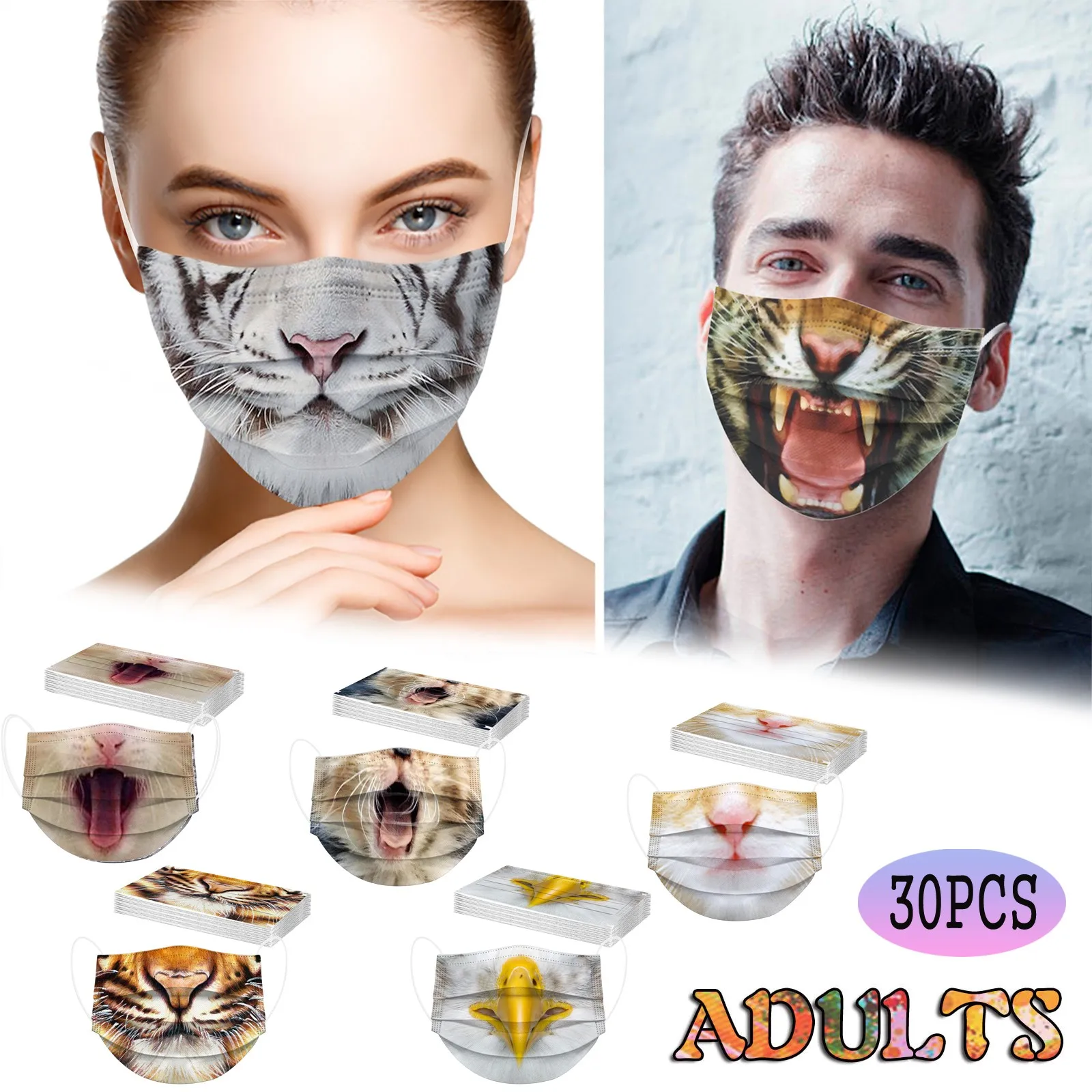 

30 шт. одноразовые маски для лица с рисунком кошки и тигра, ушные петли, маски для лица, веселая маска для рта, Нетканые 3-слойные маски для косп...