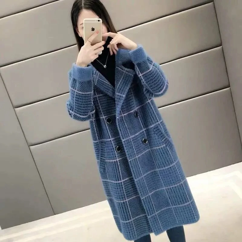 

Imitation Mink Velvet Coats Women Fleece Cardigan Mid-length Wool Blends Winter Jacket Lady Thick Loose Plaid Double-sided Coat