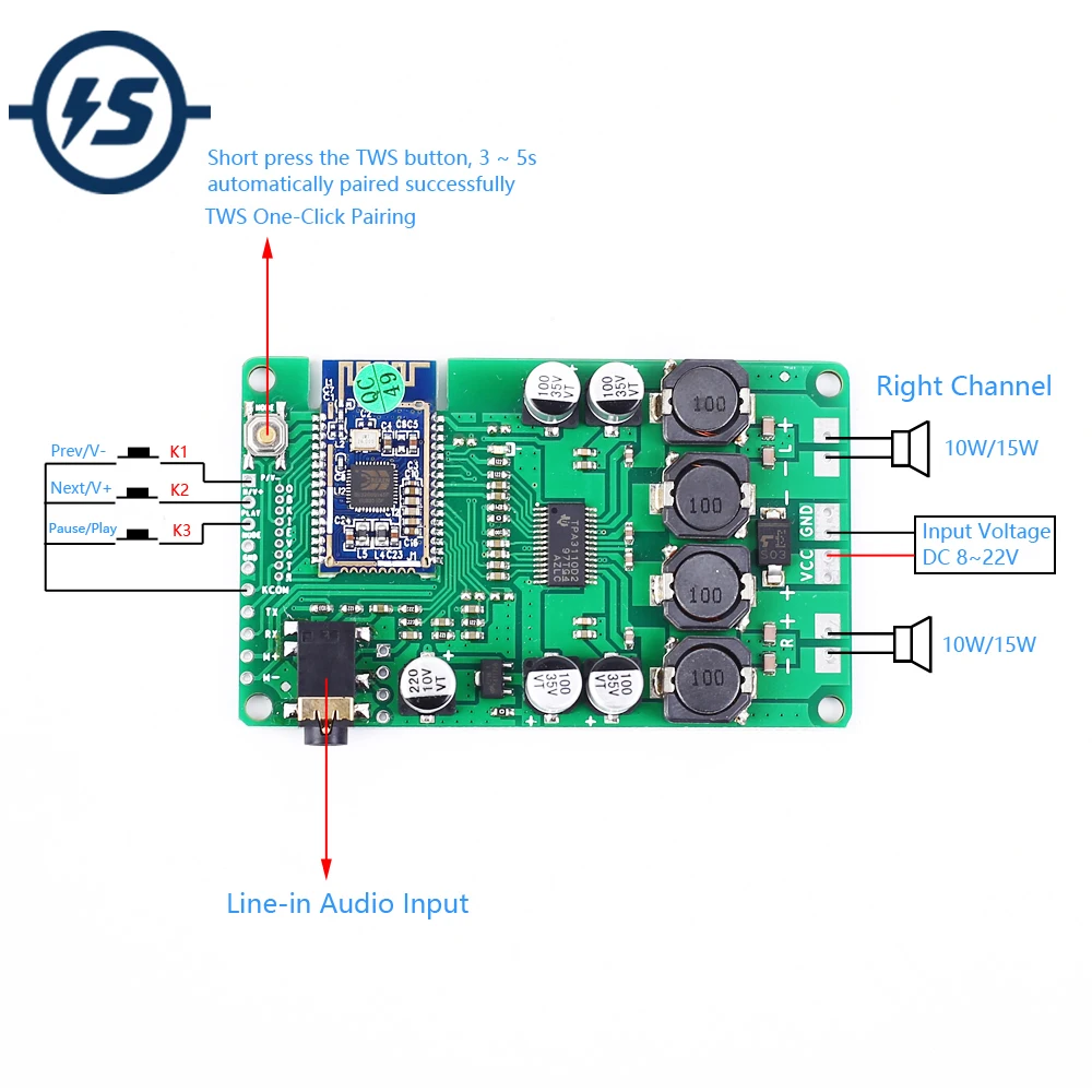Беспроводная Плата усилителя мощности TWS Bluetooth 5 0 2x1 Вт/10 Вт AUX аудио поддержка
