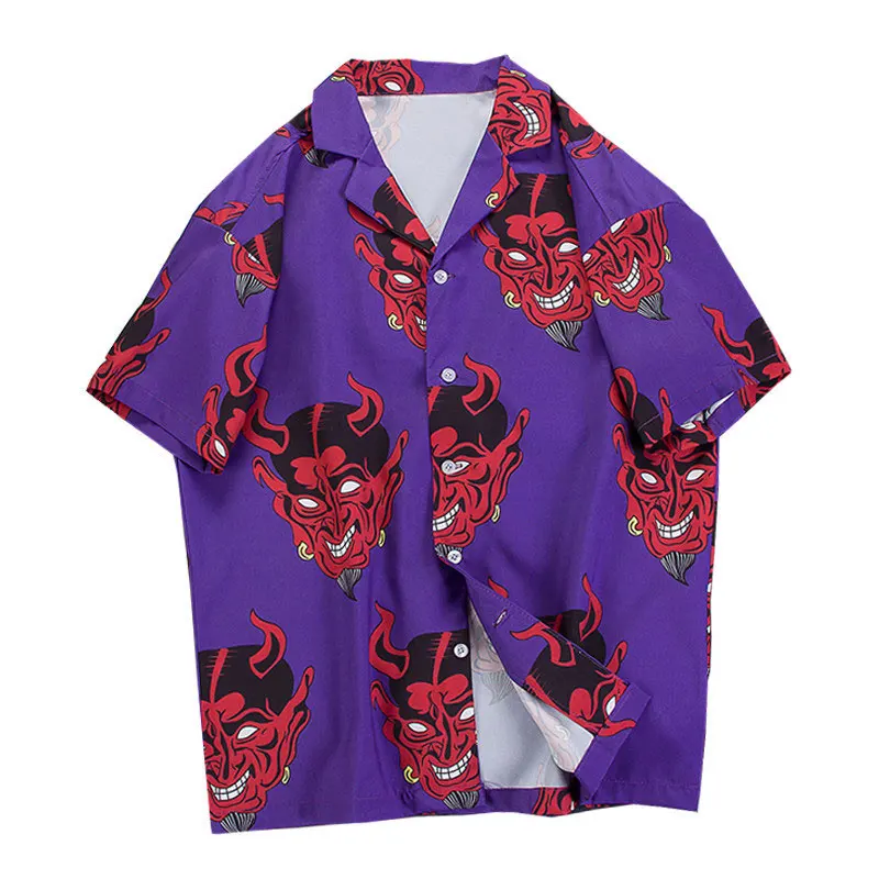 

Devil Print Hawaiian Shirts 2021 Men Beach Aloha Camp Casual Holiday Short Sleeve Shirt Fashion Hip Hop Streetwear Top