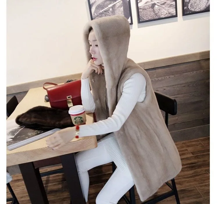 Осенне-зимнее женское пальто из искусственного меха, винтажное пальто с капюшоном без рукавов с искусственным кроличьим мехом, зимняя куртка, пальто, женские черные