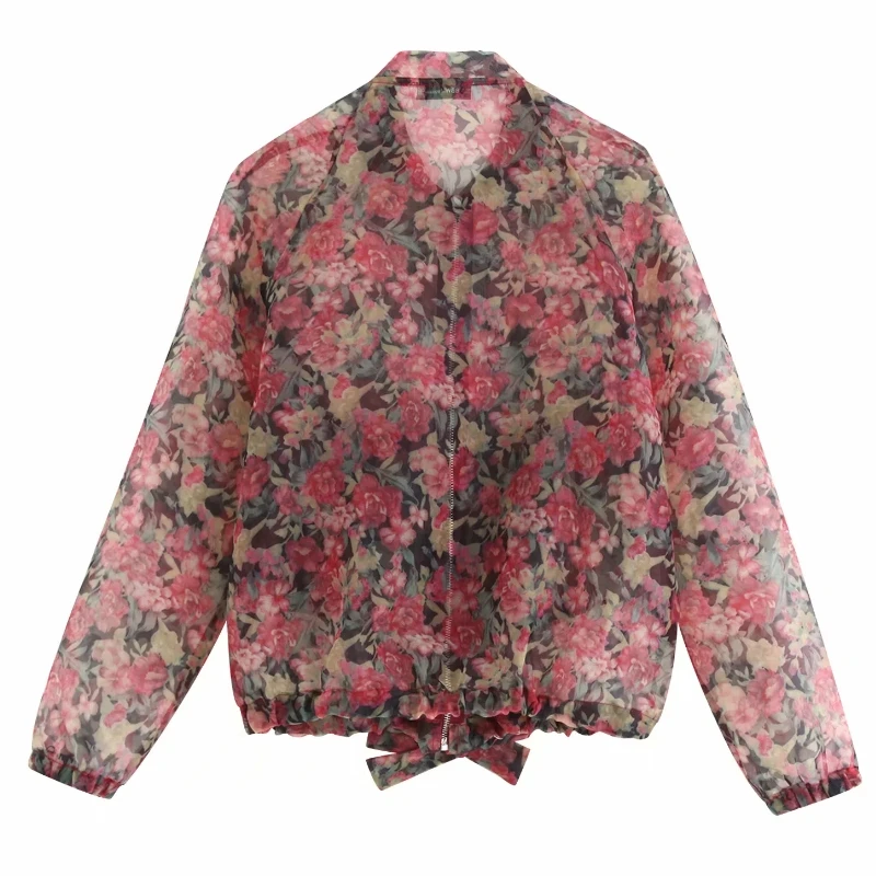 Женская свободная куртка из органзы винтажная прозрачная летная с цветочным