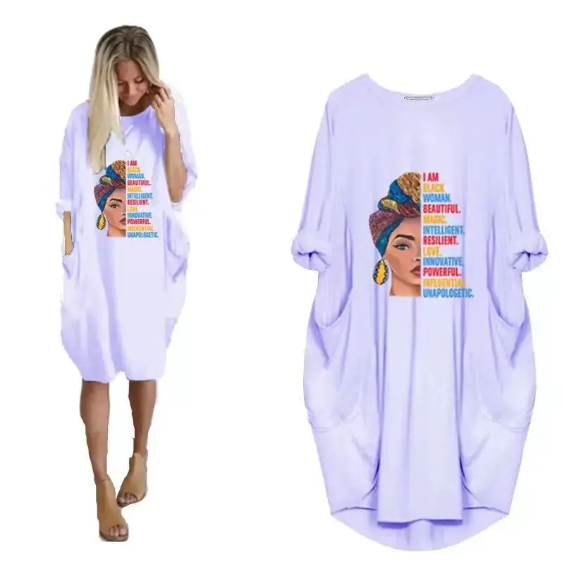 

New women's casual loose pocket irregular long sleeve printed large size dress