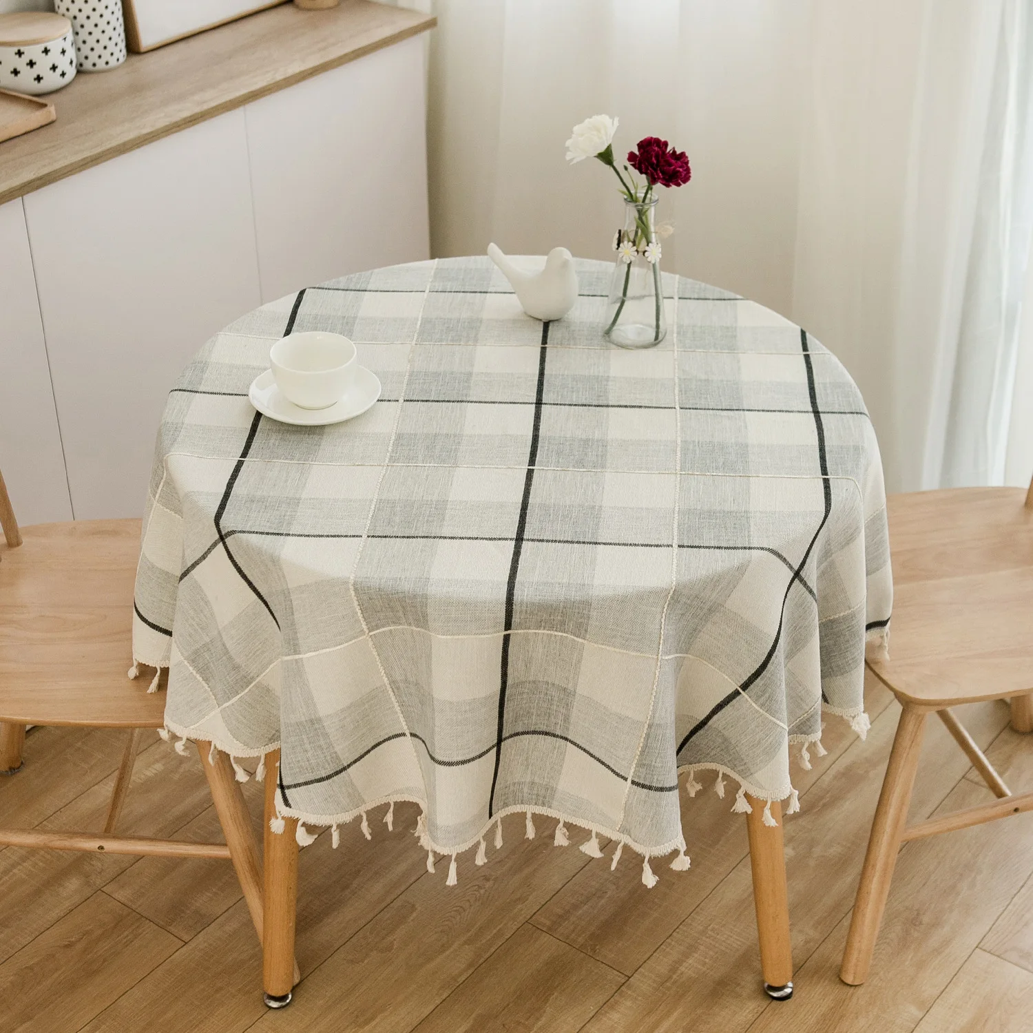 

Round Tablecloth Cotton Linen Mediterranean White Blue Check Table Cloth Art Coffee Table Tassel Cover Towel For Party Kitchen
