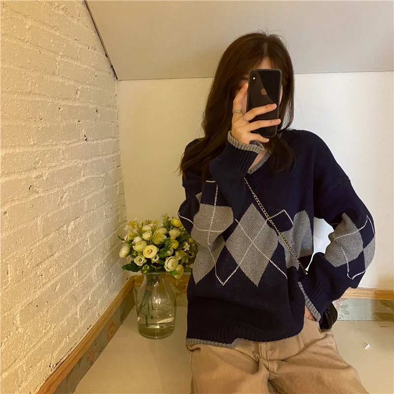 

Korean College Style Autumn Winter Geometric Pattern Argyle Pullovers Loose Oversized O-Neck Knitted Sweaters Woman Jumper Mujer