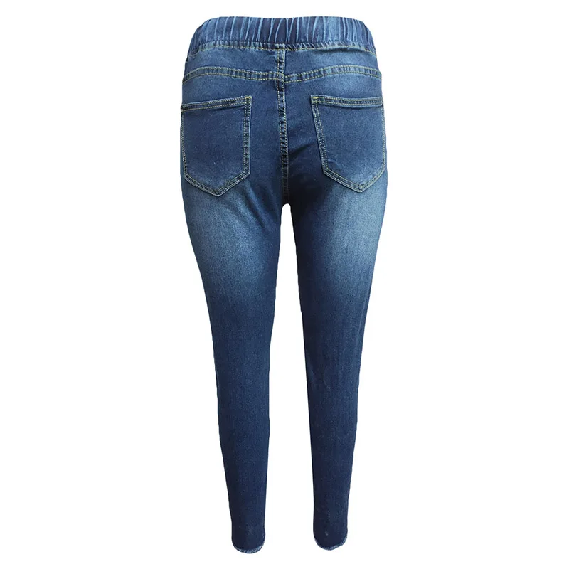 

Drawstring Denim Jeans Women Ripped Hole Stretch Jean Ladies Full Length Pencil Pants